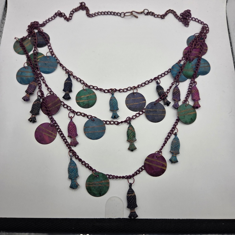 Vintage 1970s Aluminum Fish Disc Charm Triple Layer Necklace Multicolor Boho